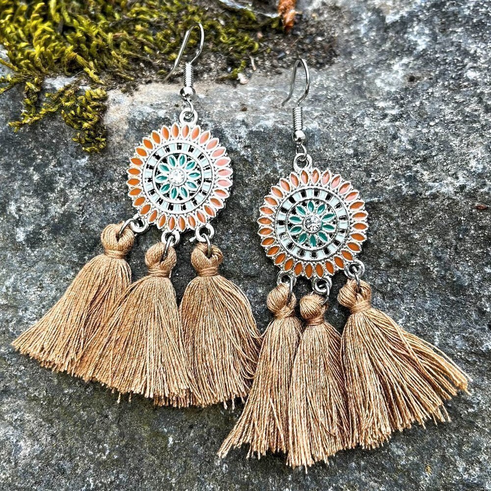 Bohemian Flower Tassel Fringe Drop Earrings Tan - Picture 4 of 4